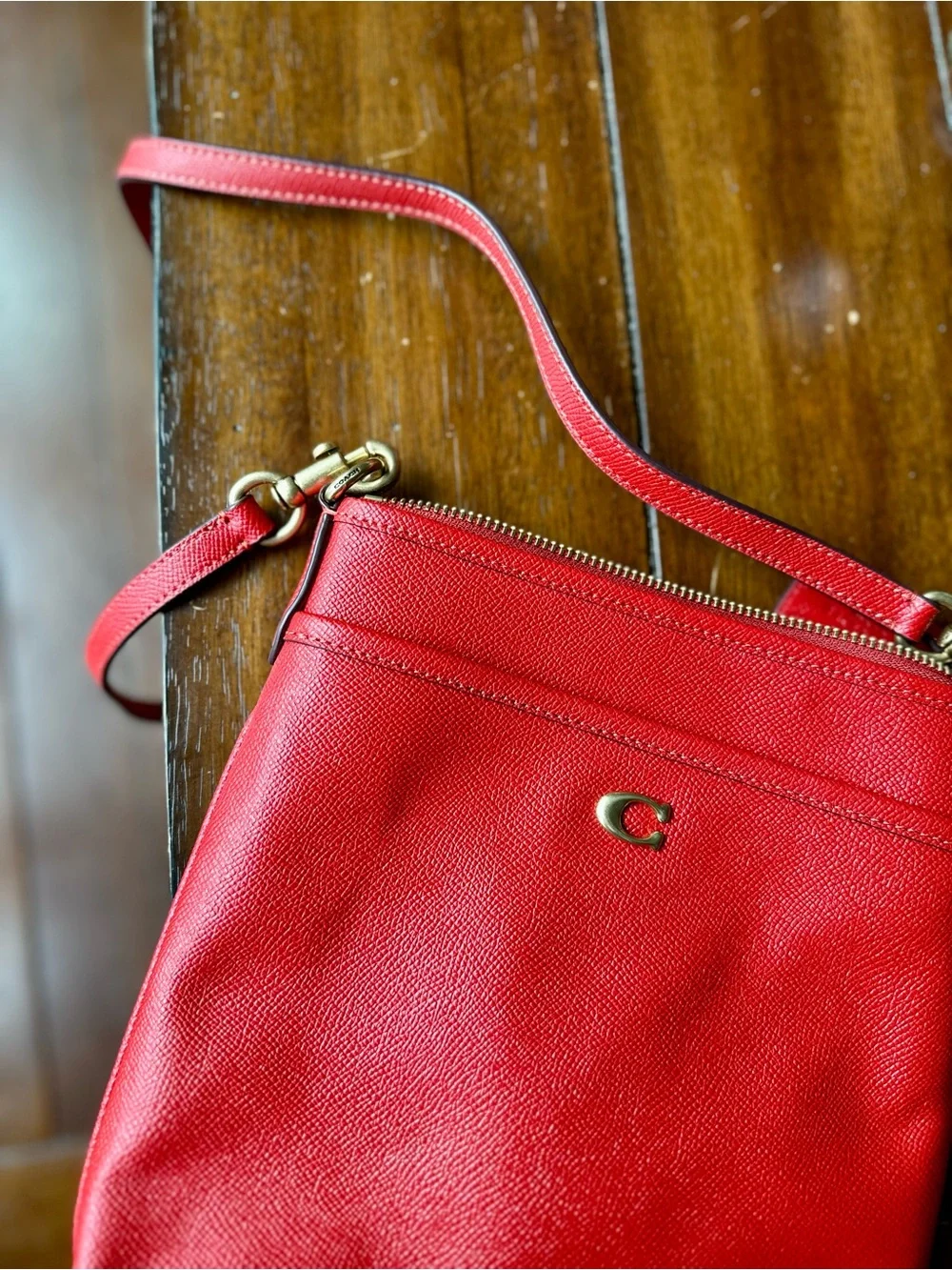 Coach Red Pebbled Leather Crossbody Purse with Gold Hardware